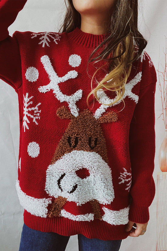 Women's Fashion Loose Elk Snowflake Flocking Jacquard Round Neck Sweater