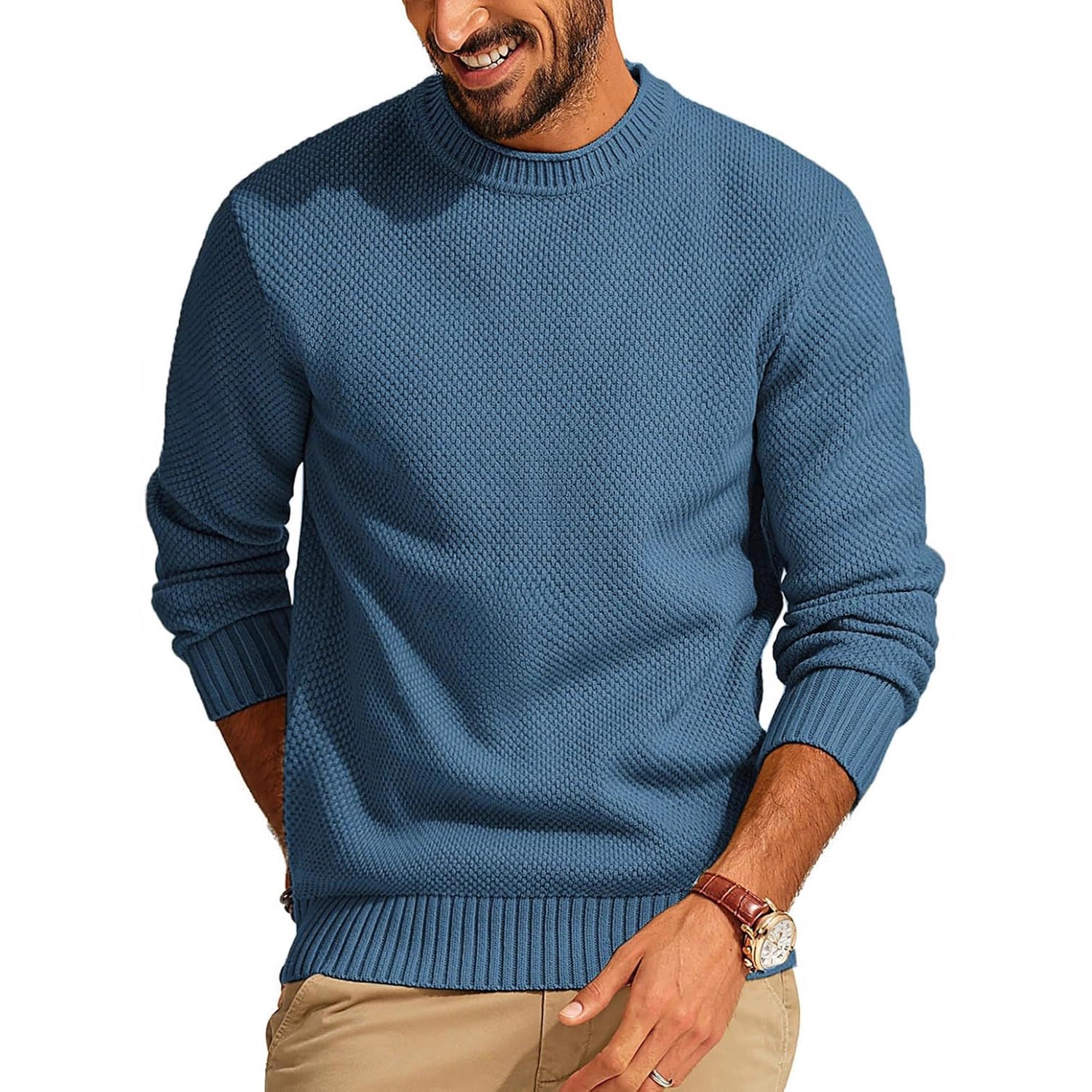 Round Neck Pullover Sweater Men's Waffle Sweater