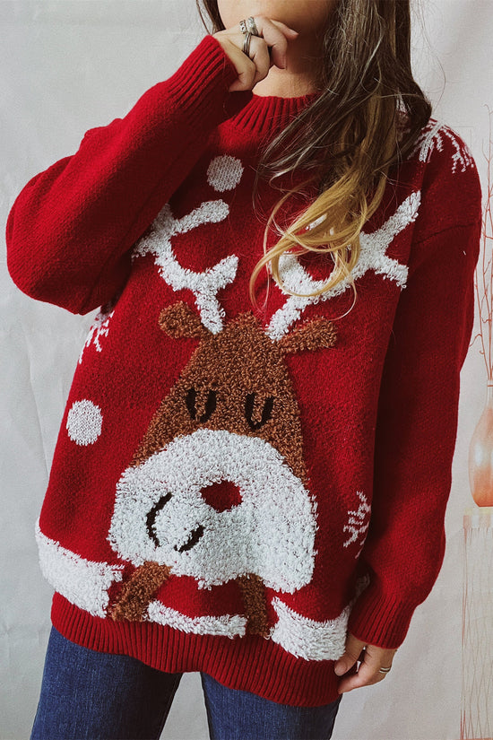 Women's Fashion Loose Elk Snowflake Flocking Jacquard Round Neck Sweater