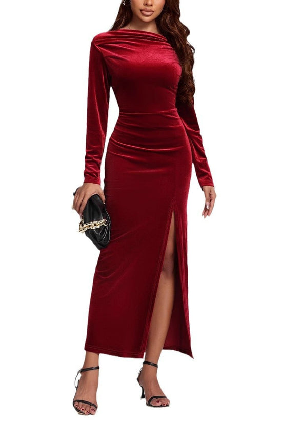 Women's Clothing Slit Formal Dress Pleuche Dress