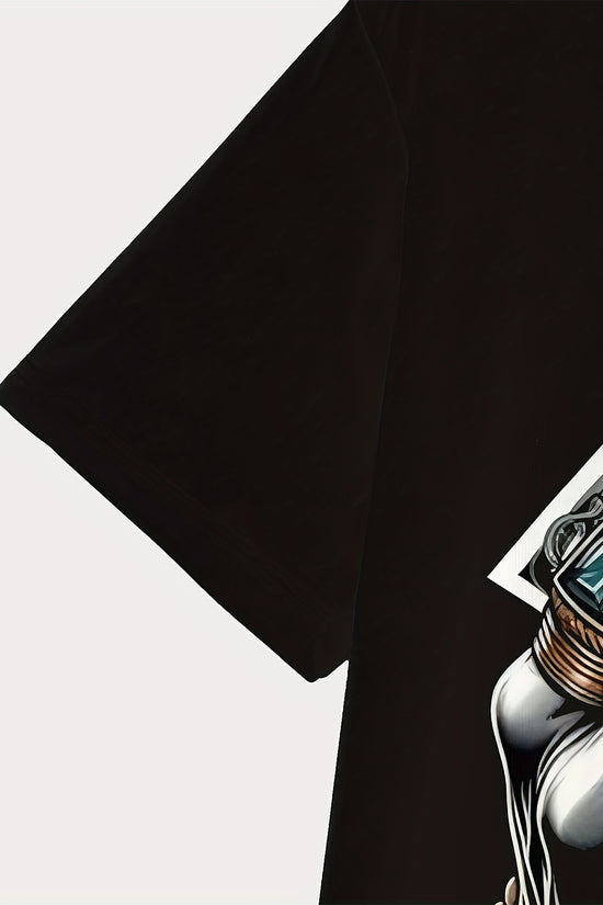 Men's Polyester 3D Digital Printed T-shirt With USD And Ring Pattern, Round Neck, Slightly Elastic, Casual Knitted Fabric T-shirt