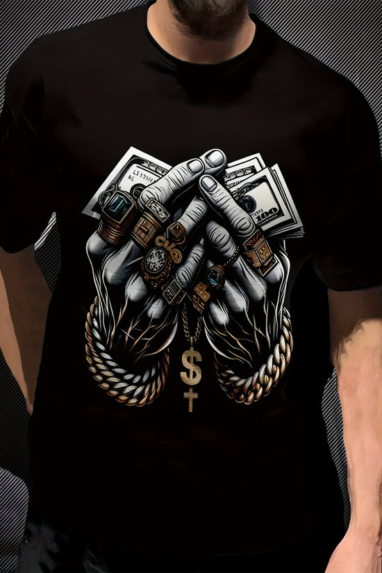 Men's Polyester 3D Digital Printed T-shirt With USD And Ring Pattern, Round Neck, Slightly Elastic, Casual Knitted Fabric T-shirt