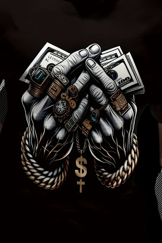 Men's Polyester 3D Digital Printed T-shirt With USD And Ring Pattern, Round Neck, Slightly Elastic, Casual Knitted Fabric T-shirt