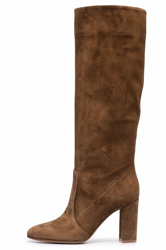 Suede Pleated High Heel Thick Heel Pointed Sleeve Boots