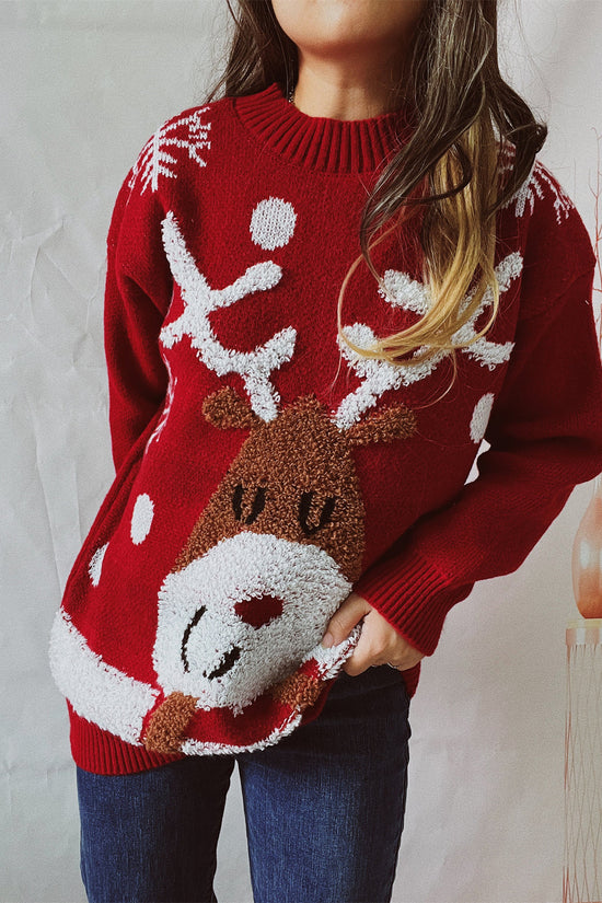 Women's Fashion Loose Elk Snowflake Flocking Jacquard Round Neck Sweater