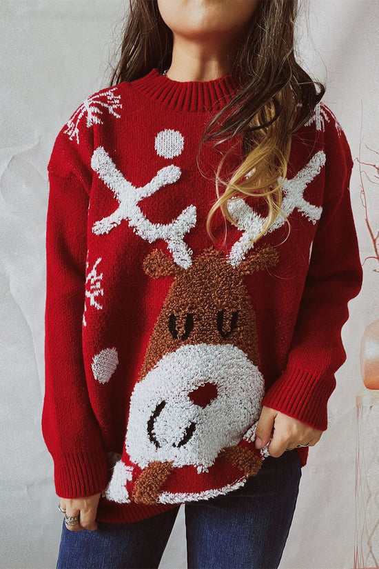 Women's Fashion Loose Elk Snowflake Flocking Jacquard Round Neck Sweater