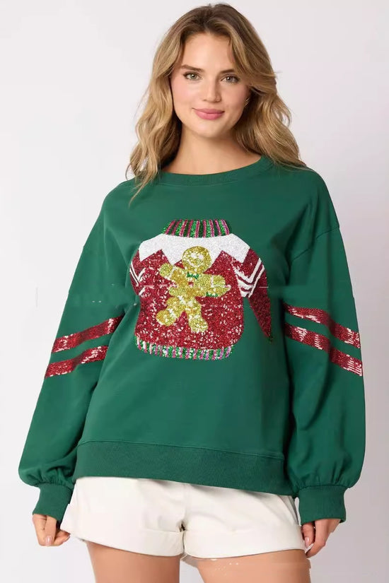 Women's Christmas Sequined Round Neck Top Casual Sweatshirt