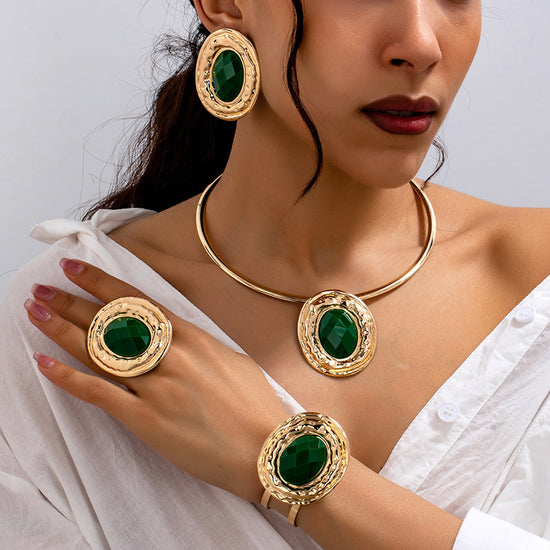 Round Piece Ear Studs Necklace Bracelet Ring Jewelry Set