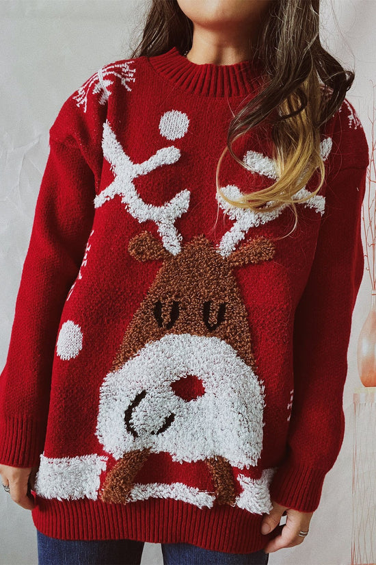 Women's Fashion Loose Elk Snowflake Flocking Jacquard Round Neck Sweater