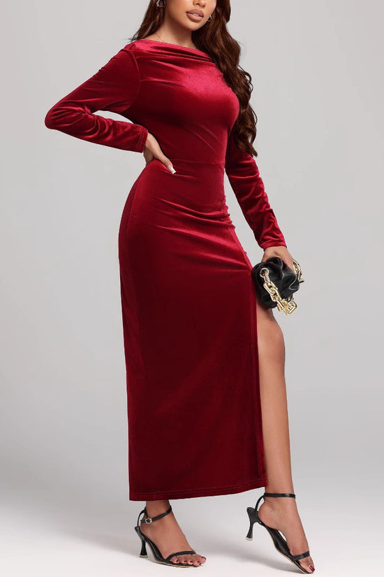 Women's Clothing Slit Formal Dress Pleuche Dress