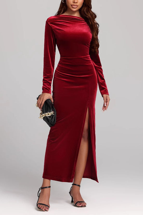 Women's Clothing Slit Formal Dress Pleuche Dress
